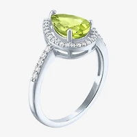 Womens Genuine Green Peridot Sterling Silver Pear Halo Side Stone Cocktail Ring