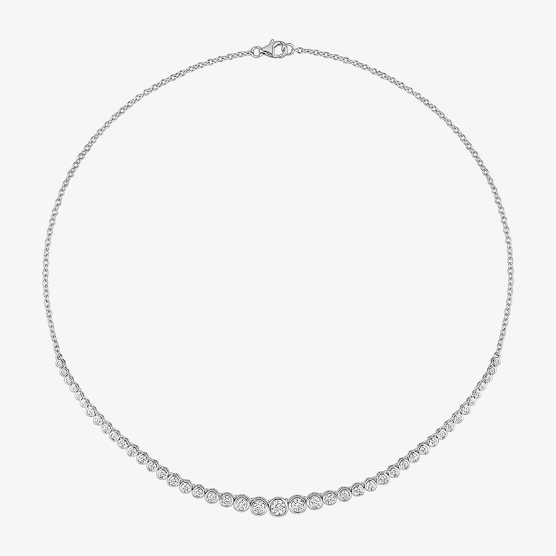 Womens White Moissanite Sterling Silver 17 Inch Tennis Necklace