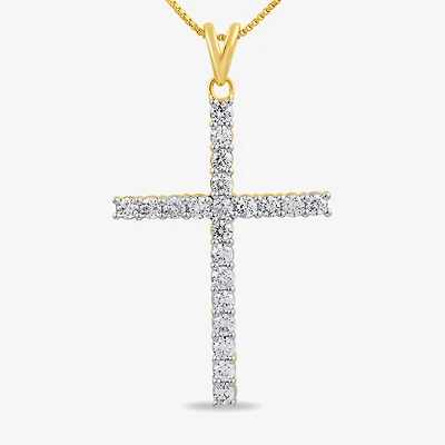 Womens 1 CT.T.W. Natural Diamond 14K Yellow Gold Cross Pendant Necklace