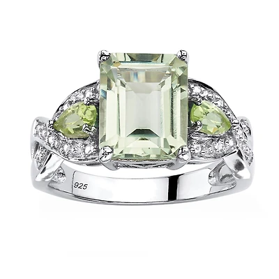 Womens Genuine Green Quartz Platinum Over Silver Cocktail Ring