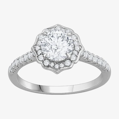 (H-I / Si1) Womens 1 1/4 CT. T.W. Lab Grown White Diamond 14K Gold Round Side Stone Halo Engagement Ring