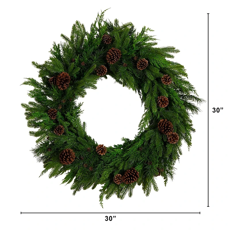 Nearly Natural 30in Mixed Pine Wreath With Pinecones Wreath