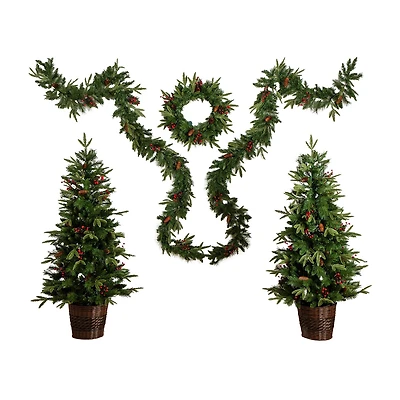 Nearly Natural 5 Pc Garlends And Wreath Set 5 Foot Pre-Lit Pine Christmas Tree