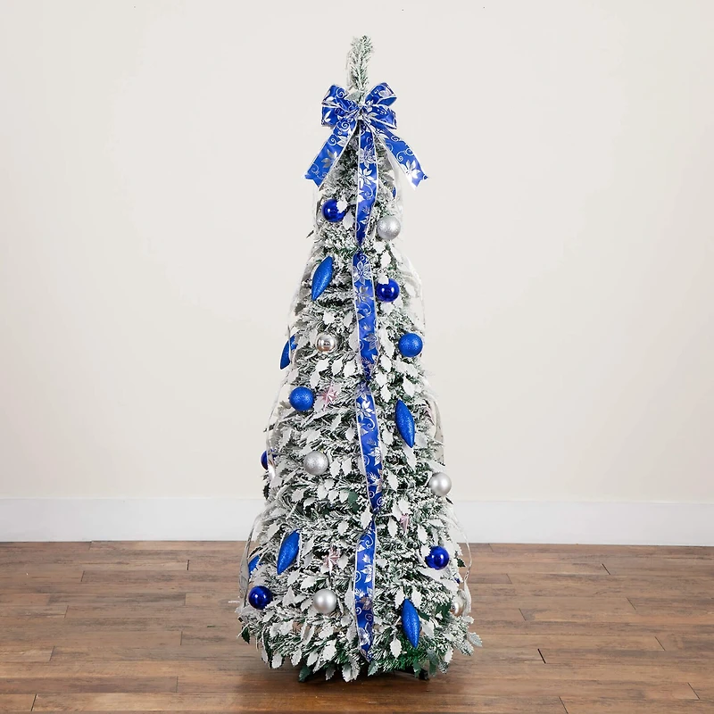 Nearly Natural 5 Foot Pre-Lit Flocked Collapsible Pine Christmas Tree