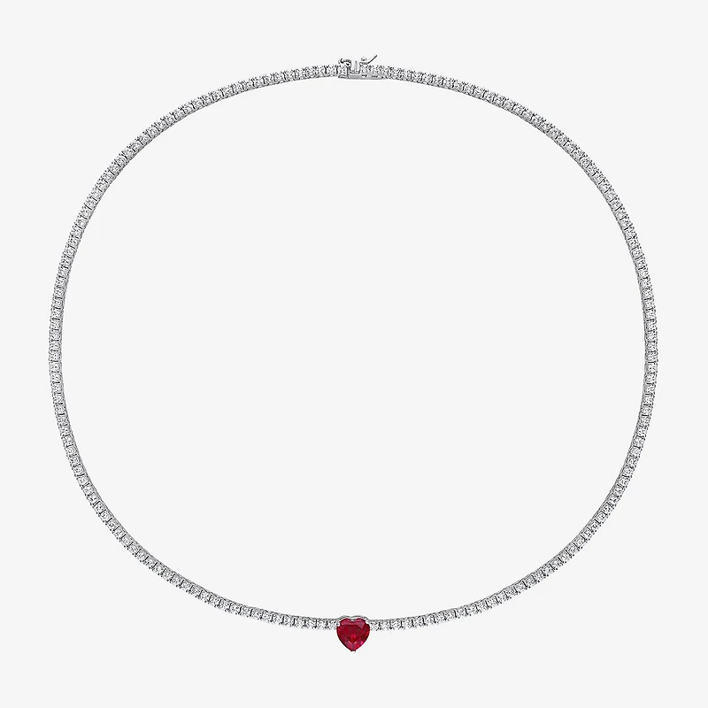 Womens Red Ruby Sterling Silver 15 Inch Tennis Necklace