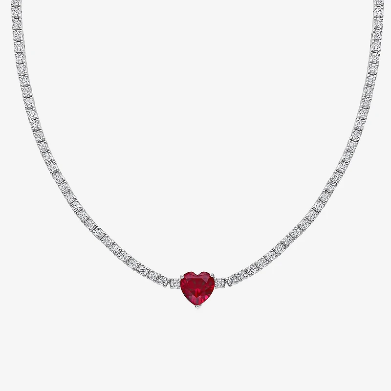 Womens Red Ruby Sterling Silver 15 Inch Tennis Necklace