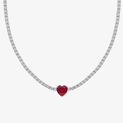 Womens Red Ruby Sterling Silver 15 Inch Tennis Necklace