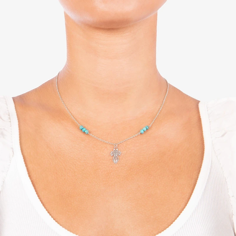 Womens Enhanced Blue Turquoise Sterling Silver Cross Round 16 Inch Pendant Necklace