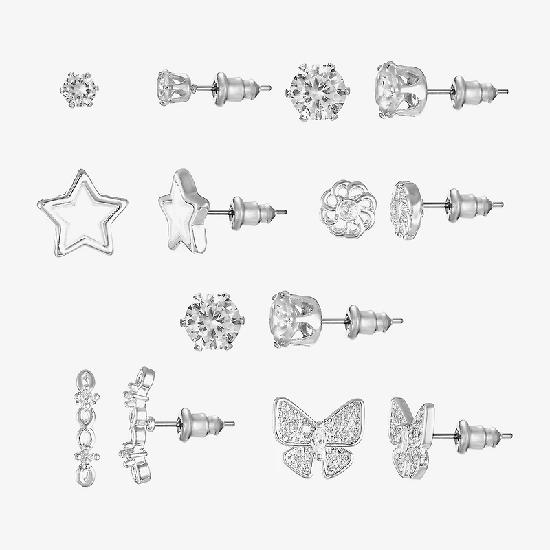 Sparkle Allure Days Of The Week Womens Cubic Zirconia 14K Gold Over Brass Butterfly Flower Star 7 Pair Earring Set