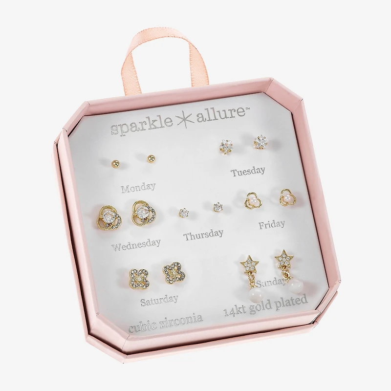 Sparkle Allure Womens Cubic Zirconia 14K Gold Over Brass Heart Knot Star 7 Pair Earring Set