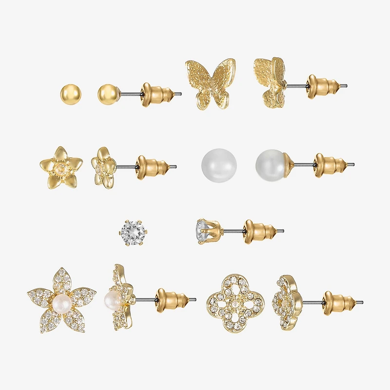 Sparkle Allure Days Of The Week Womens Cubic Zirconia 14K Gold Over Brass Butterfly Flower 7 Pair Earring Set