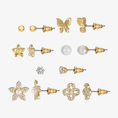 Sparkle Allure Days Of The Week Womens Cubic Zirconia 14K Gold Over Brass Butterfly Flower 7 Pair Earring Set