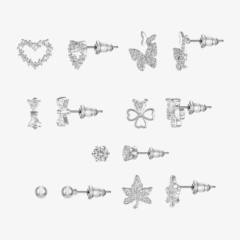 Sparkle Allure Days Of The Week Womens Cubic Zirconia 14K Gold Over Brass Bow Clover Heart 7 Pair Earring Set