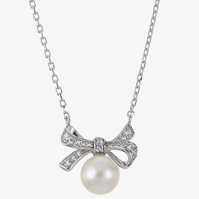 Womens White Cultured Freshwater Pearl Sterling Silver Bow 18 Inch Pendant Necklace