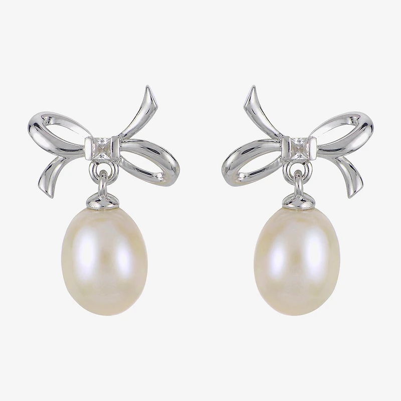 White Cultured Freshwater Pearl Sterling Silver 16mm Bow Stud Earrings