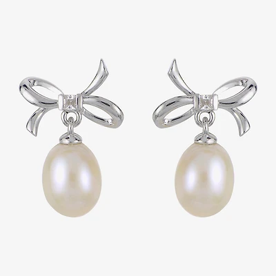 White Cultured Freshwater Pearl Sterling Silver 16mm Bow Stud Earrings