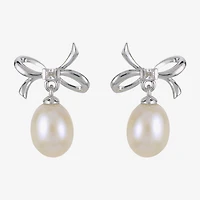 White Cultured Freshwater Pearl Sterling Silver 16mm Bow Stud Earrings