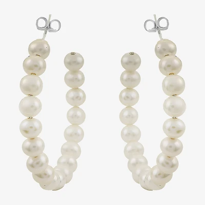 Womens White Cultured Freshwater Pearl Sterling Silver 40mm Hoop Earrings