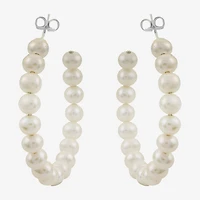 Womens White Cultured Freshwater Pearl Sterling Silver 40mm Hoop Earrings