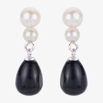 Womens Black Onyx Cultured Freshwater Pearl Sterling Silver Drop Earrings