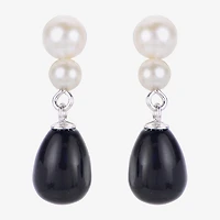 Womens Black Onyx Cultured Freshwater Pearl Sterling Silver Drop Earrings