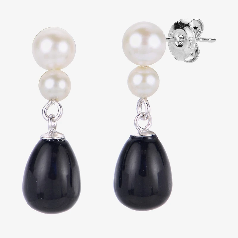 Womens Black Onyx Cultured Freshwater Pearl Sterling Silver Drop Earrings
