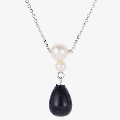 Womens Black Onyx Cultured Freshwater Pearl Sterling Silver 18 Inch Pendant Necklace