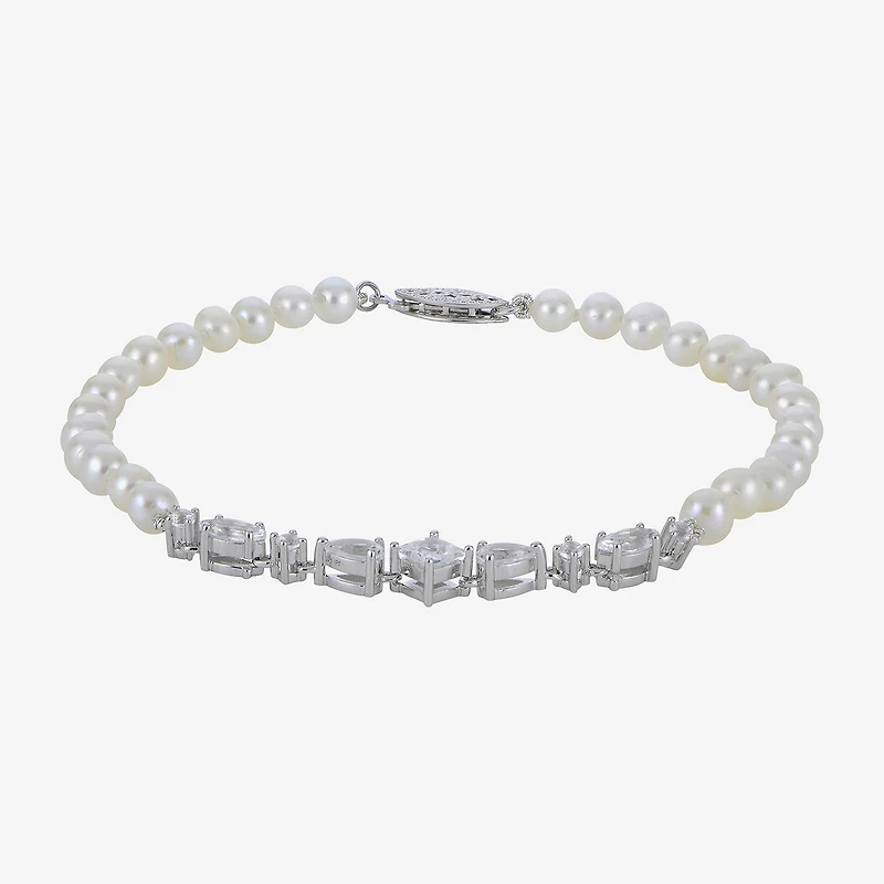 Womens White Cultured Freshwater Pearl Sterling Silver Strand Bracelet