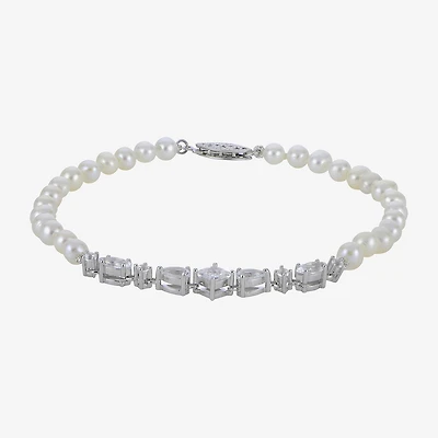 Womens White Cultured Freshwater Pearl Sterling Silver Strand Bracelet