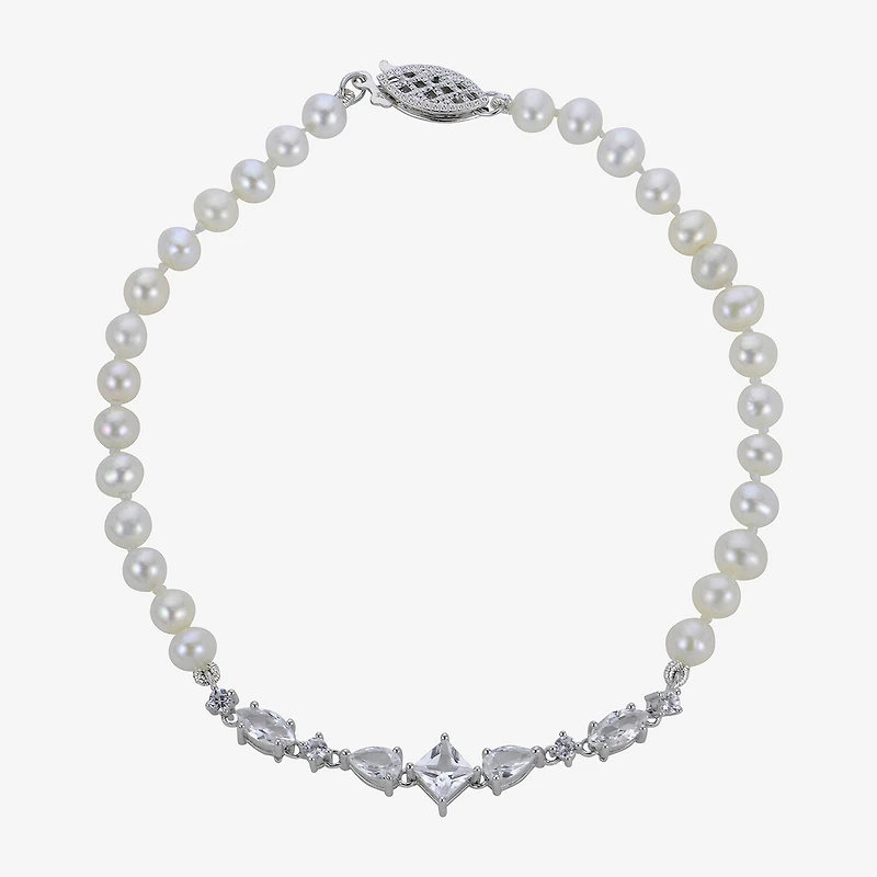 Womens White Cultured Freshwater Pearl Sterling Silver Strand Bracelet