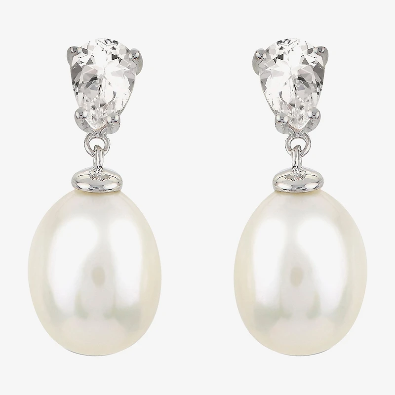 Womens White Cultured Freshwater Pearl Sterling Silver Pear Drop Earrings