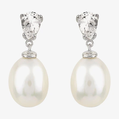 Womens White Cultured Freshwater Pearl Sterling Silver Pear Drop Earrings
