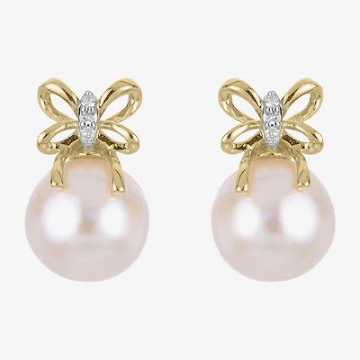 White Cultured Freshwater Pearl 14K Gold 11.5mm Bow Stud Earrings