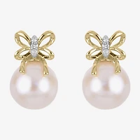 White Cultured Freshwater Pearl 14K Gold 11.5mm Bow Stud Earrings
