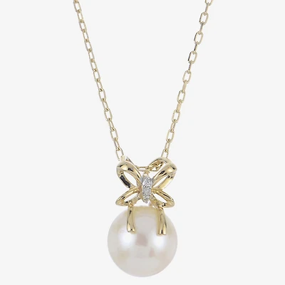 Womens White Cultured Freshwater Pearl 14K Gold Bow 18 Inch Pendant Necklace