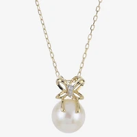 Womens White Cultured Freshwater Pearl 14K Gold Bow 18 Inch Pendant Necklace