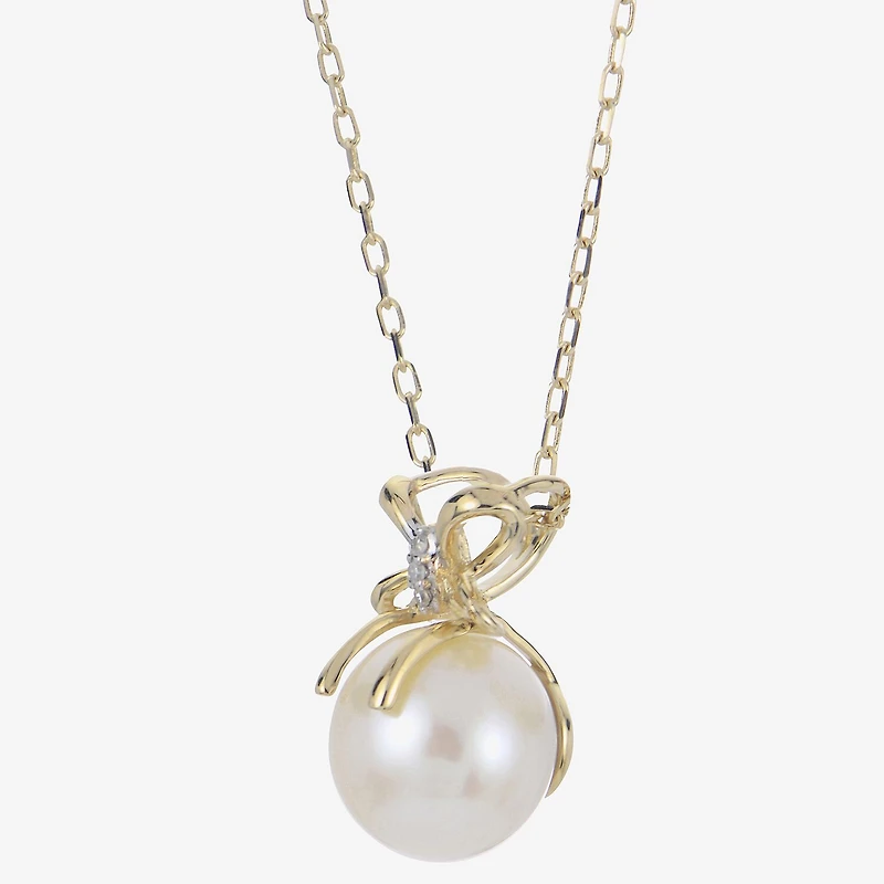 Womens White Cultured Freshwater Pearl 14K Gold Bow 18 Inch Pendant Necklace