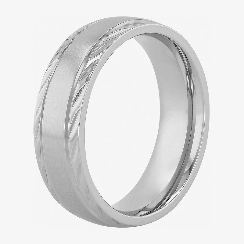Personalized Mens 7mm Diamond-Cut Stainless Steel Wedding Band