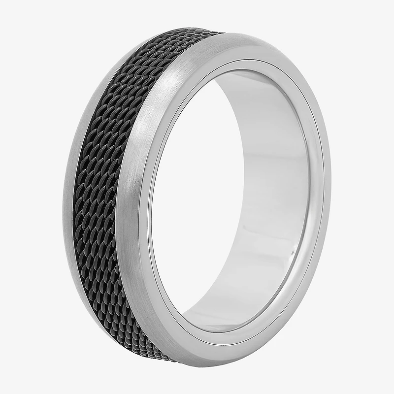 Mens Comfort-Fit Titanium & Black Mesh Ring
