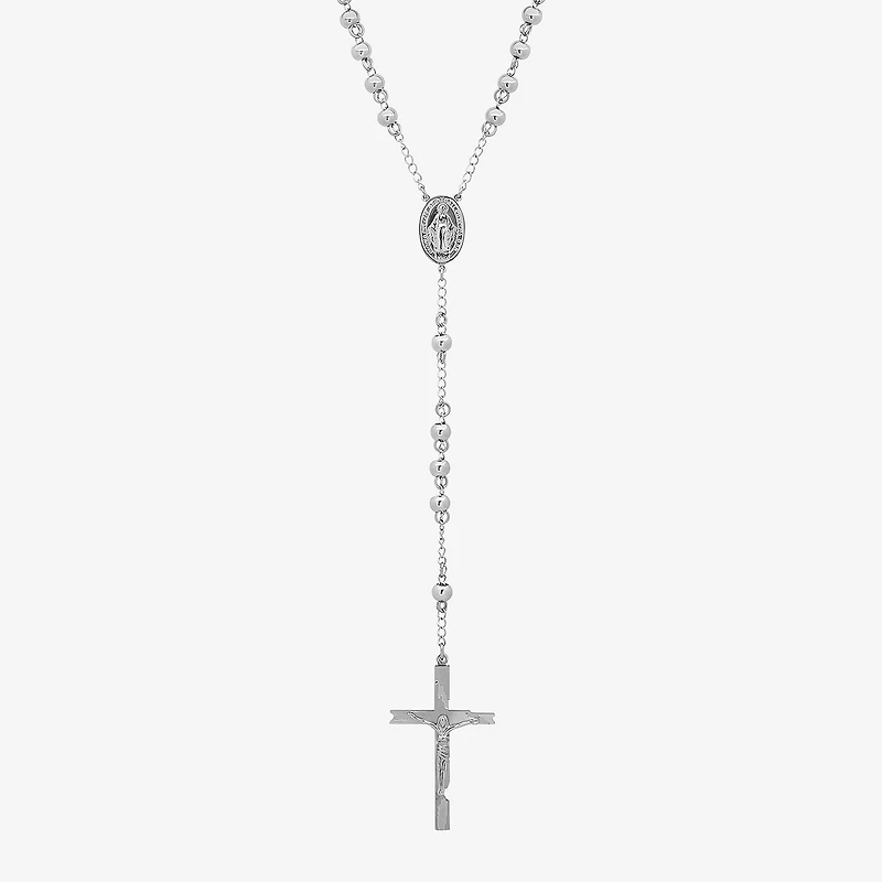 Mens Stainless Steel Cross Rosary Necklace