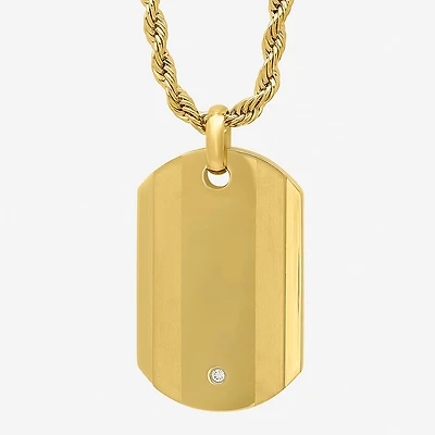 Mens Cubic Zirconia Gold-Tone Ion-Plated Stainless Steel Dog Tag Pendant Necklace