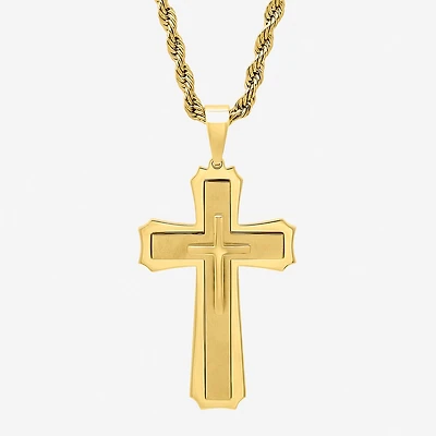 Mens Gold-Tone Ion-Plated Stainless Steel Cross Pendant Necklace