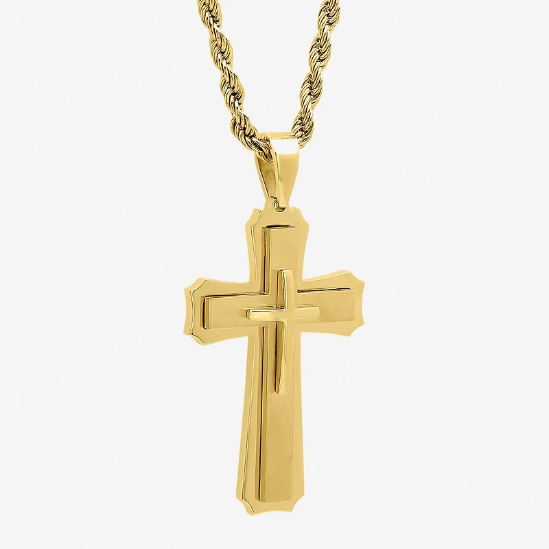 Mens Gold-Tone Ion-Plated Stainless Steel Cross Pendant Necklace