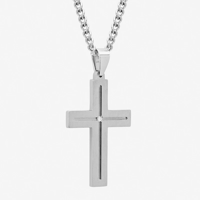 Mens Diamond-Accent Stainless Steel Cross Pendant Necklace
