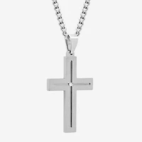 Mens Diamond-Accent Stainless Steel Cross Pendant Necklace