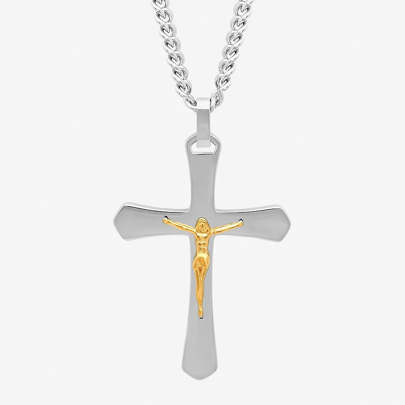 Mens Two-Tone Stainless Steel Crucifix Pendant Necklace