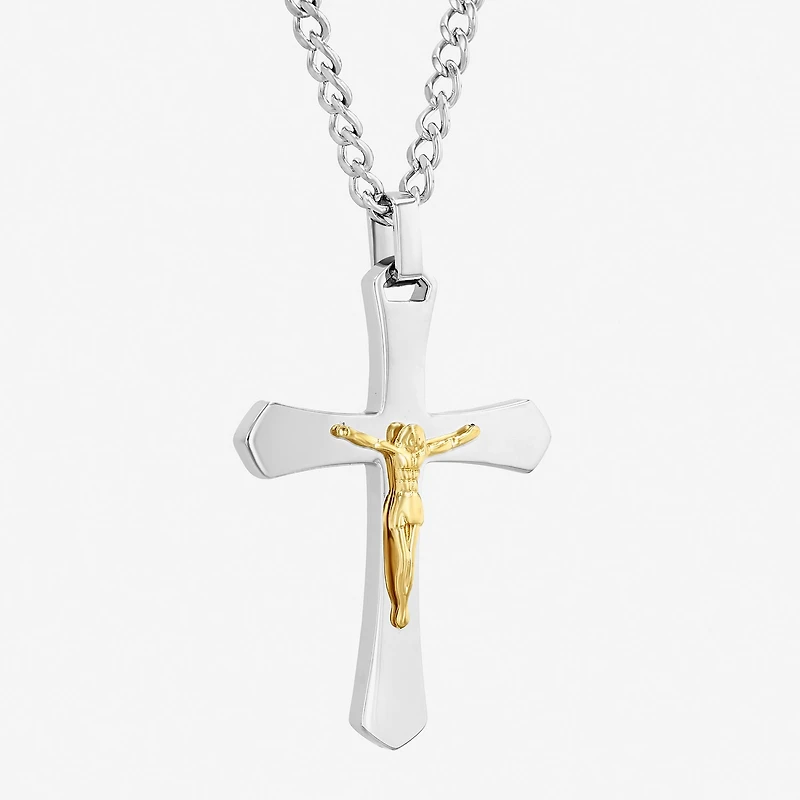 Mens Two-Tone Stainless Steel Crucifix Pendant Necklace