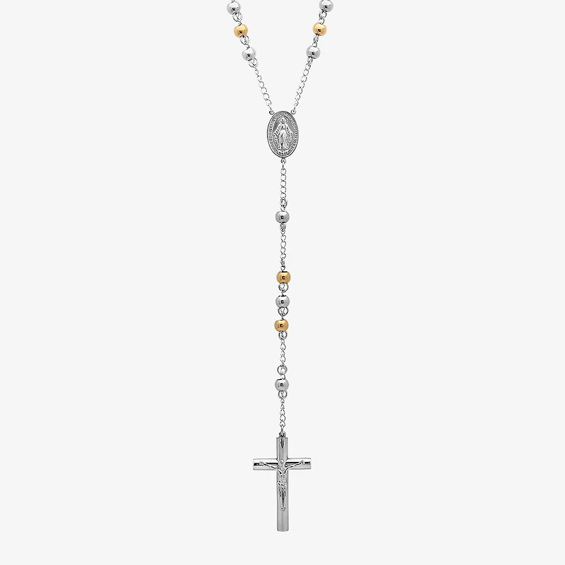 Two-Tone Stainless Steel Cross Rosary Necklace