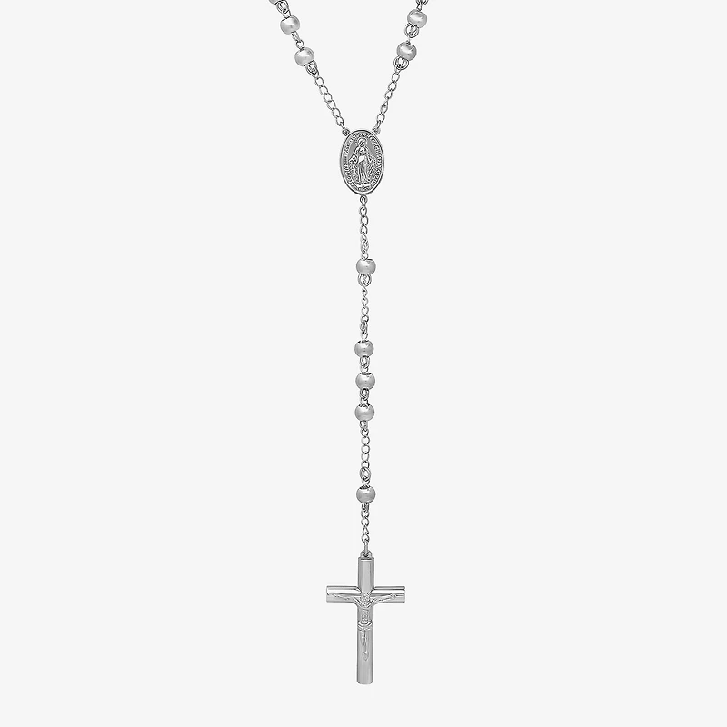 Mens Stainless Steel 36” Cross Rosary Necklace