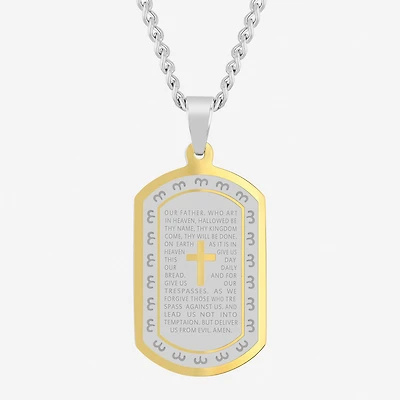 Mens Lord's Prayer Cross Dog Tag Stainless Steel Pendant Necklace